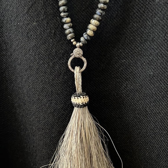 Black opal & pyrite long necklace sterling diamond clasp horse hair tassel rare - Picture 8 of 16